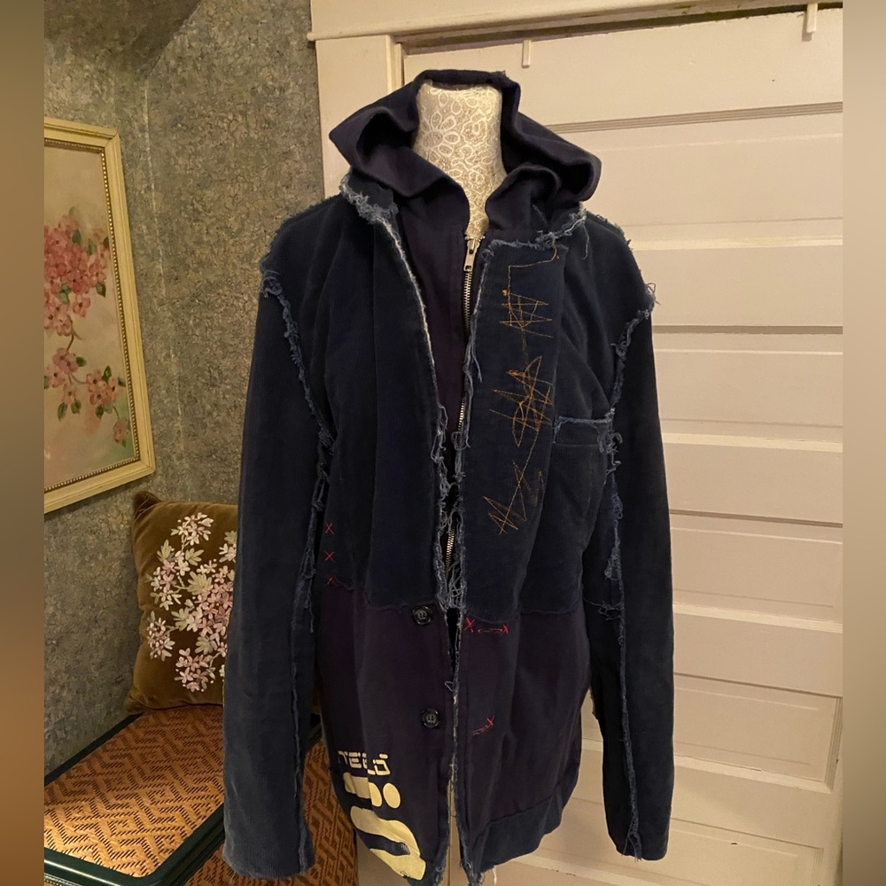 Vintage y2k Steelo street wear Navy corduroy Patchwork layered Hoodie Jacket M